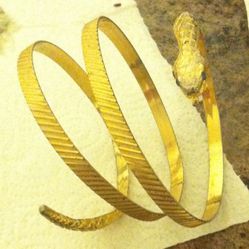 Vintage Gold Tone Snake Blue Eye Rhinestone Bangle Wrap Arm Bracelet LPC Signed