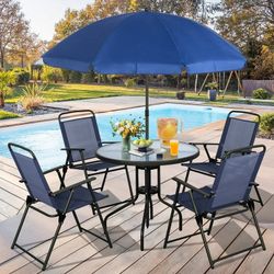 6 Piece Patio Furniture Set with Umbrella, Outdoor Patio Dining Set with 4 Folding Chairs and Tempered Glass Dining Table, Dark Blue