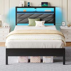 Seventable Twin Bed Frame with Charging Station & LED Lights, Upholstered Headboard with 2-Tier
