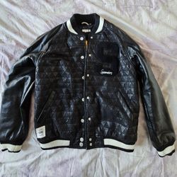 SUPREME BEING pleather leather varsity bomber jacket satin lining pockets button like new
