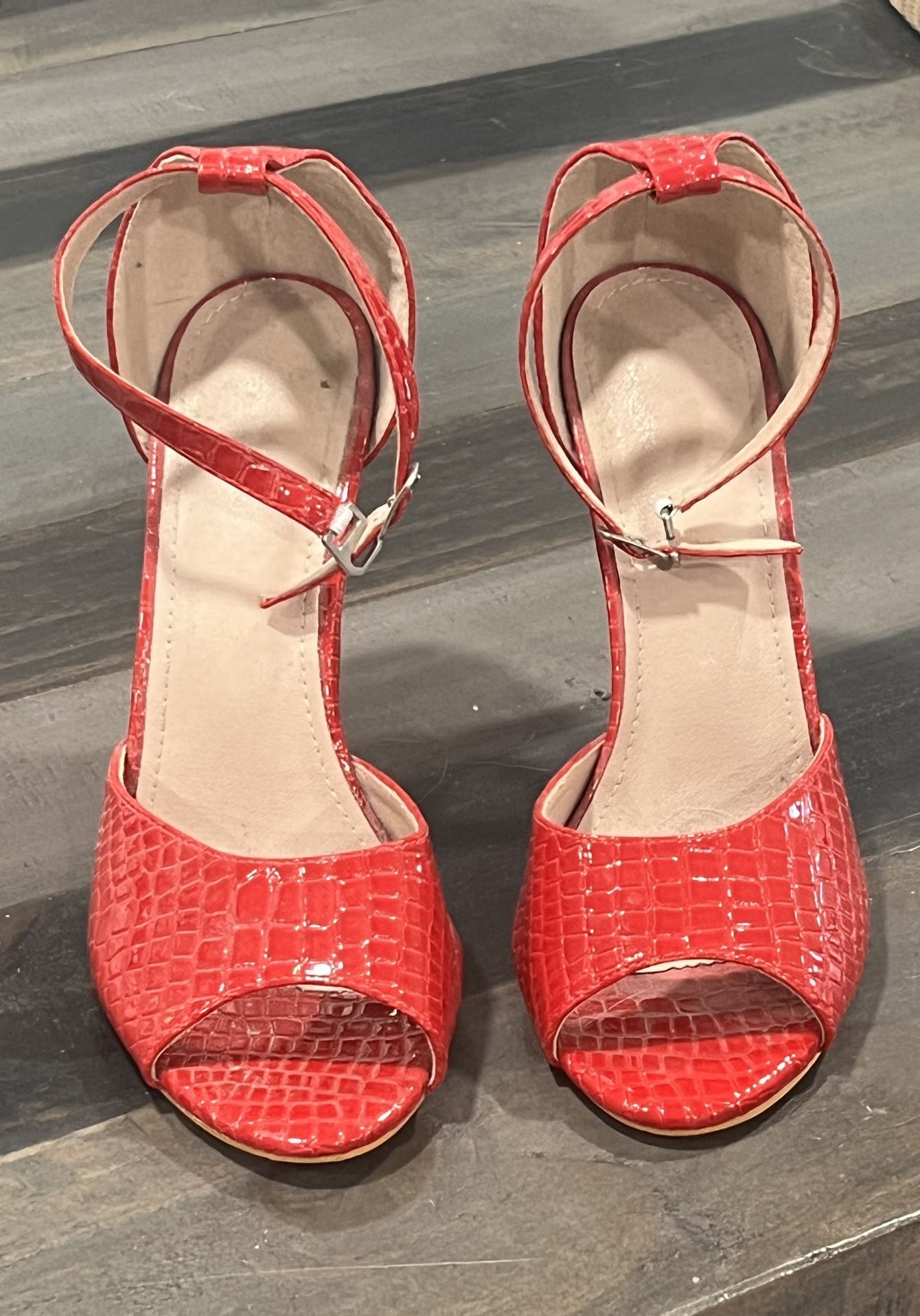 Red Peep Toe Heels W/Ankle Strap