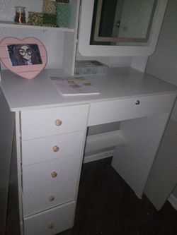 White Vanity Desk with Mirror and Drawers
