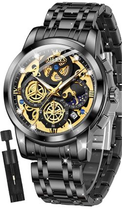 OLEVS Mens Original Skeleton Luxury Business Analog Quartz Wrist Watches Big Face Chronograph watch for men,stylish dress Gift,Stainless Steel ,Waterp