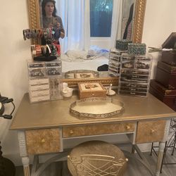 Antique Vintage Desk / Dresser Mirror And Chair