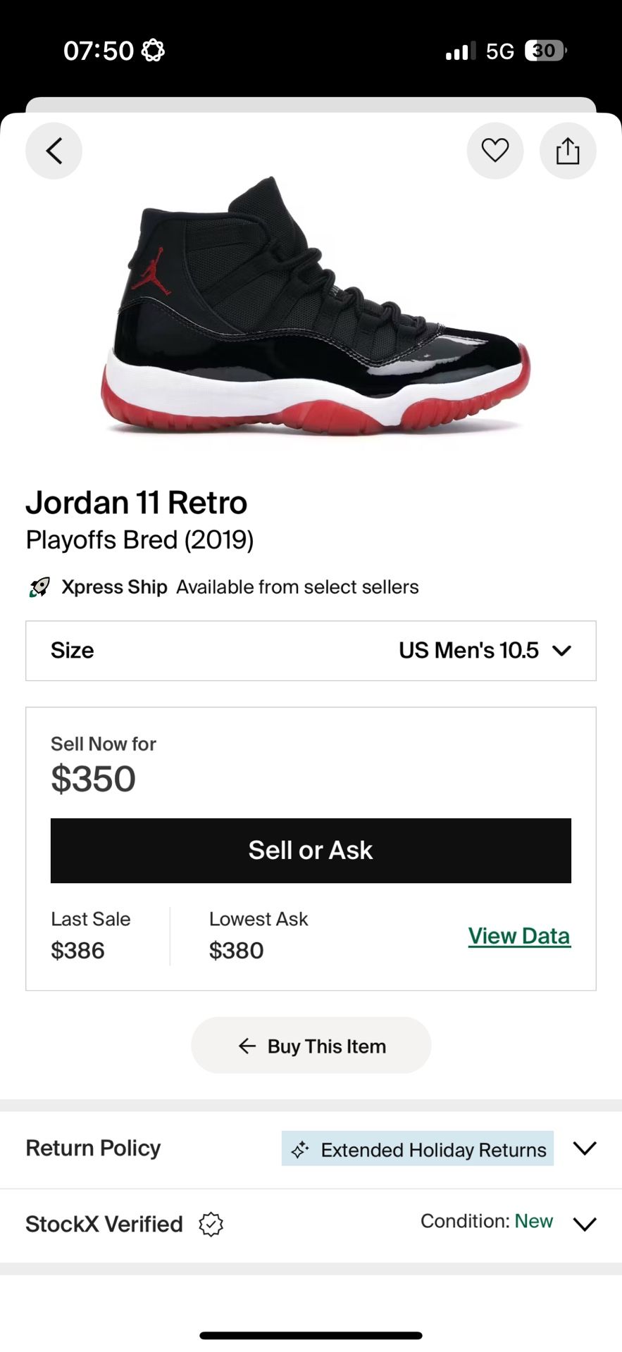 Jordan 11 Bred DS Size 10.5