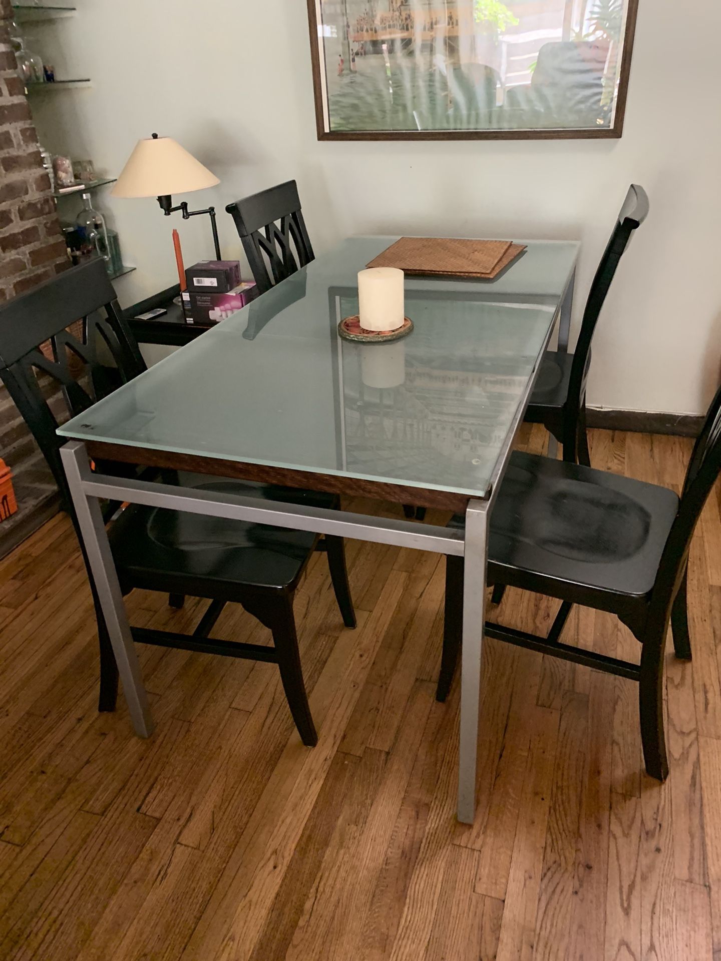 4 Black Wood Dining Chairs/Glass table