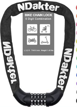 NDakter Bike Chain Lock, 5 Digit Combination Heavy Duty Anti Theft Bicycle Chain Lock,2.62/3.2/4.27/5/6Ft Long Security Resettable Bike Locks for Bike
