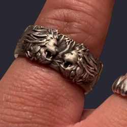 Sterling Silver Two Lion Head Ring