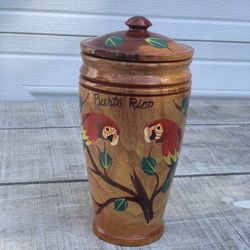 Vtg Hand-Painted Puerto Rico Wooden Parrot Canister Jar Folk Art Souvenir 8.5”