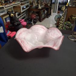 Beautiful Hand Blown Art Glass Murano Style, Pink & White Swirl Bowl Centerpiece W/Handkerchief Edge 14"W X 4.5"H