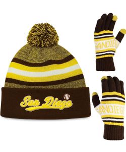 San Diego Padres Pom-Pom Beanie & Touchscreen Gloves Brown Yellow Adult Teen NEW