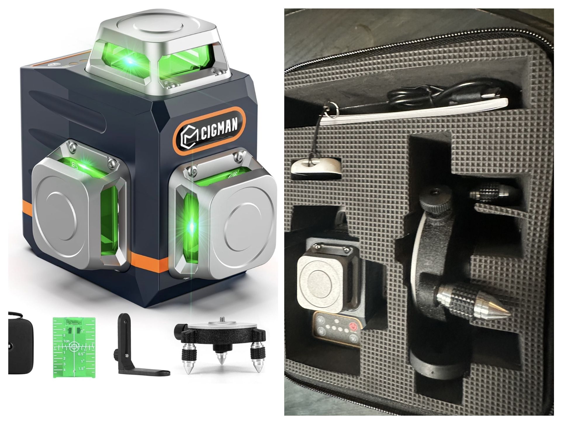 Open Box CIGMAN Laser Level Self Leveling 3x360° 3D Green Cross Line for Construction and Picture Hanging, Rechargeable battery, Remote Controller, Ma