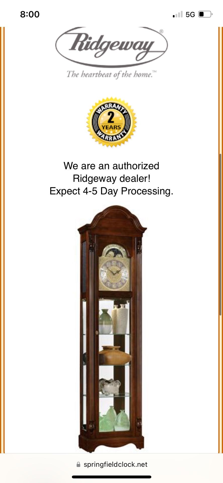 Ridgeway Grandfather Clock Model #2041
