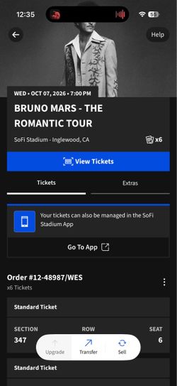 Bruno Mars The Romantic Tour Tickets x6 October 7th