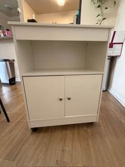 White Wood Cabinet with Open Shelf on Wheels