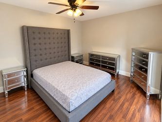 Gray Tufted Upholstered Bed Frame with Mirrored Bedroom Set