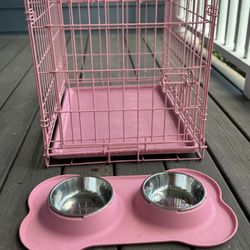 Pink 24” Dog Crateand Dog Feeding Bowl and Mat