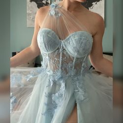 NWT Andrea & Leo Couture Light Blue A Line Ball Gown Or Non Traditional Wedding Dress 