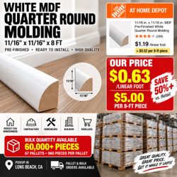 WHOLESALE 8FT WHITE MDF QUARTER ROUND – $3.50 BULK – 67 PALLETS
