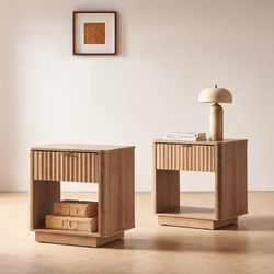 mopio Brooklyn Modern Farmhouse Nightstand Set of 2, Small Side Night Stand, Golden Oak Bedside Table, Drawer, End Table, Storage, Fluted Panel, Curve