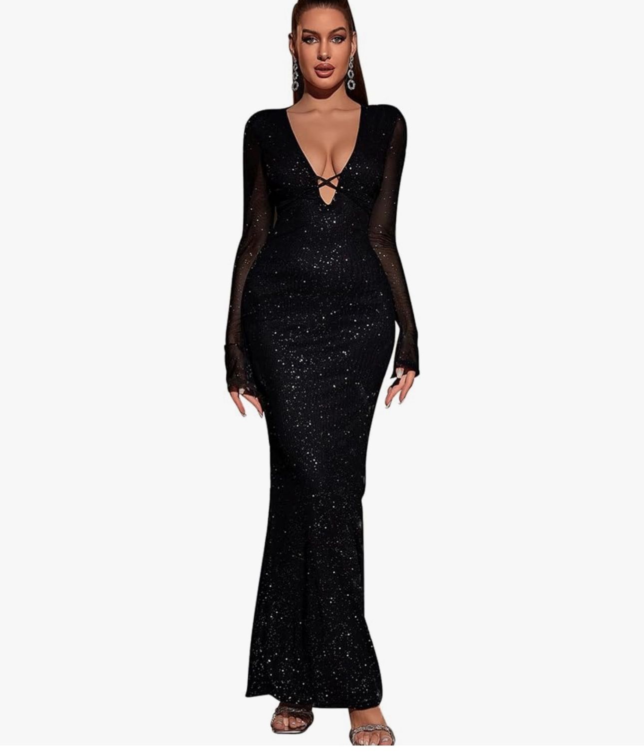 Women Sexy V Neck Sequin Long Sleeve Bodycon Maxi Dress Sparkly Ruched Gown Evening Formal Dresses