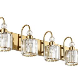 Crystals vanity lights 5 light glod brass fixtures above mirror modern bathroom