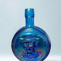 Wheaton 1970s Woodrow Wilson Iridescent Blue Glass Presidential Flask, 5.5x8”