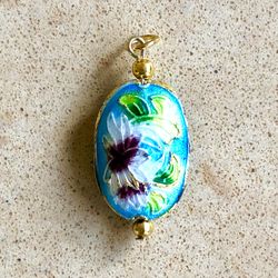 🦋 Beautiful, two-sided floral cloisonné puff pendant with beads
