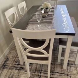 ✅️✅️(6 pc white & grey finish wood dining table set grey padded seat chairs and bench✅️✅️✅️