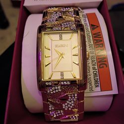 Elgin Stainless Steel Gold Crystal Bling Square Watch New 