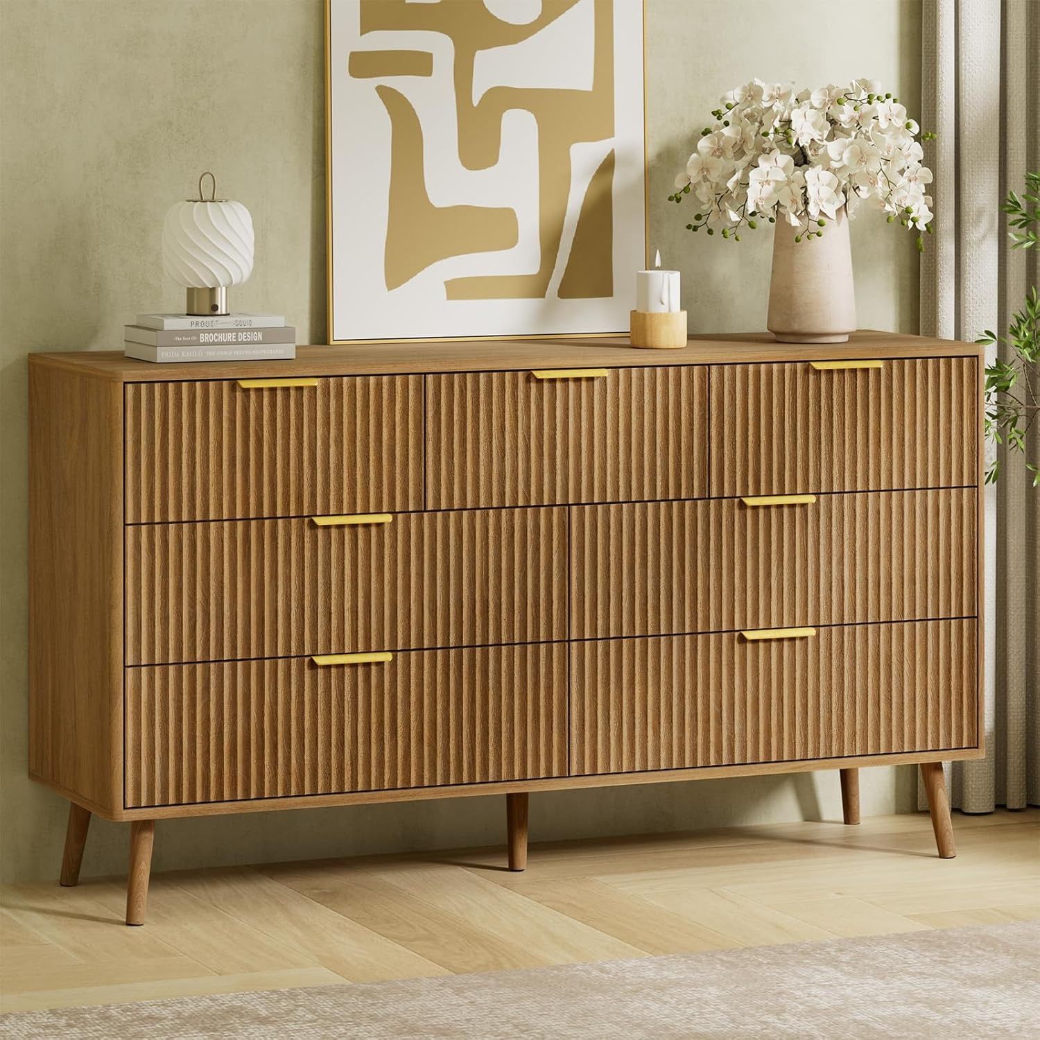 55" W Fluted Dresser for Bedroom with 7 Drawer, Modern Chest of Drawers with Metal Handle and Curved Profile Design, Wood Dresser TV Stand & Storage O