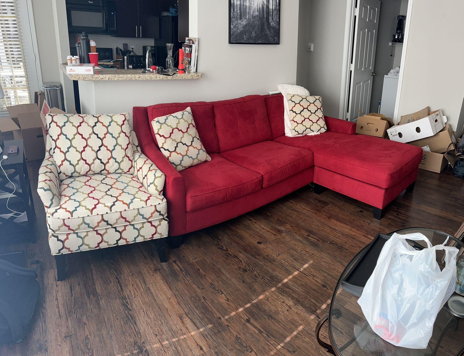 Burgundy Sofa With Chair And Pillows