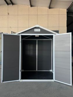 6ft x 4ft Plastic Outdoor Storage with Floor and Lockable Door Plastic Garden Shed for Backyard, Lawn, Cold Grey