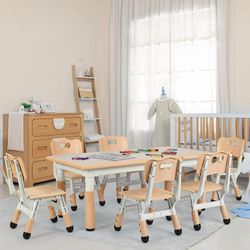 O726 $100  Adjustable Kids Table and 6 Chairs Set, Toddler Play Activity Table Set with Graffiti Tabletop, Preschool Kids Furniture Table Set for Read
