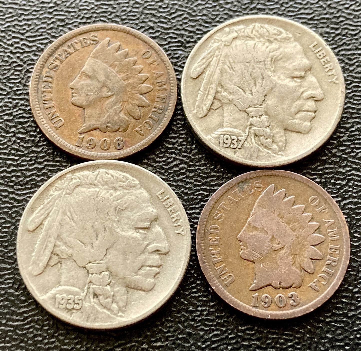Four (4) Antique Coins: 2 Indian Head Pennies 2 Buffalo Nickels (Vintage Cent Penny)