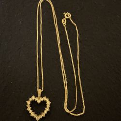 24” Sterling Silver (925) Necklace With Heart Pendant With Clear Rhinestones 