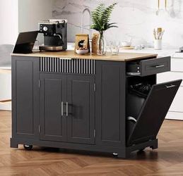 Assembled New Fluted Kitchen Island w/ Trash Can Storage Cabinet Power Outlet Internal Storage Rack