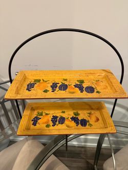 Fruit themed yellow color ceramic platter on stand- 7 by 14 inch