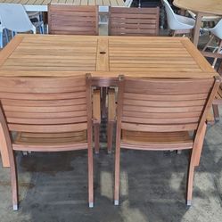 BRAND NEW OUTDOOR 100% FSC SOLID WOOD 59" RECTANGULAR TABLE WITH 6 STACKABLE WOODEN CHAIRS

