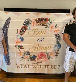 Gender reveal banner and pink and blue party favor