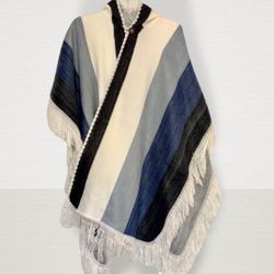 Soft Alpaca Hand-knitted Poncho With Hood. Open Style Handmade By Artisans Of South America,Color Blue,White,Black. One Size. New Handmade. Imported 