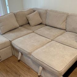 ✅ Corner Sleeper Sofa with Ottoman, Cup Holder & USB Charging Port | Light Beige