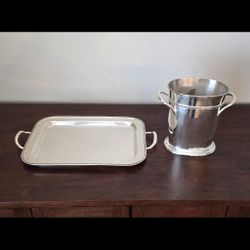 Pottery Barn Silver Tray and Champagne Wine Bucket  Set Silver Plated