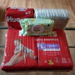 Huggies Little Movers Size 5 Diapers 110 Count & Huggies Natural Care Wipes 64 Count