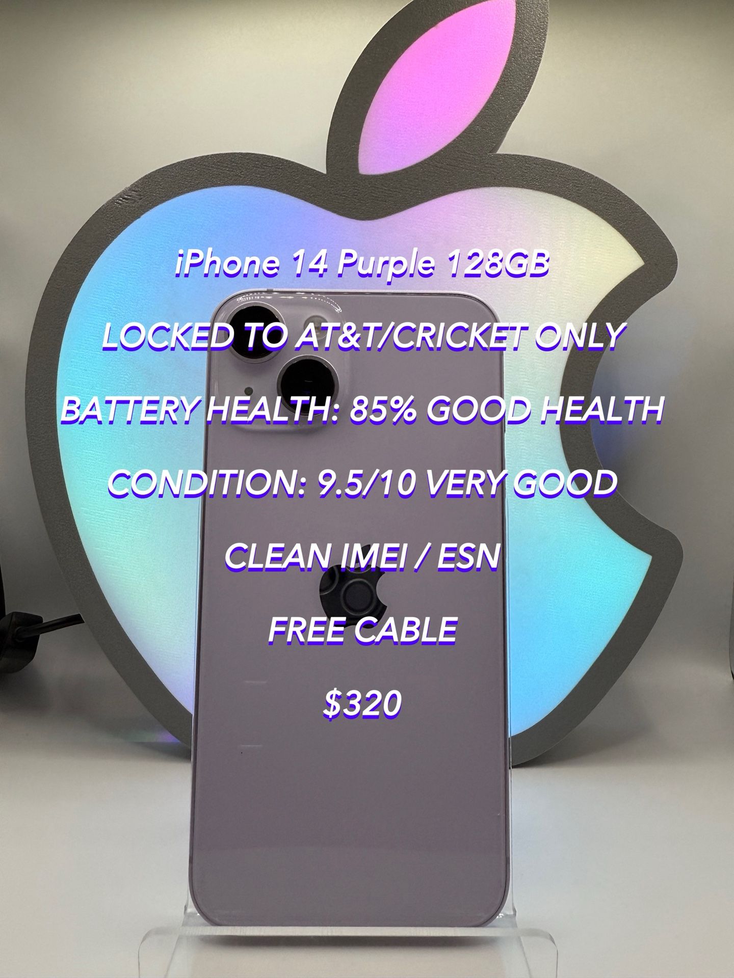 iPhone 14 Purple 128GB LOCKED FOR AT&T/CRICKET Used Authentic