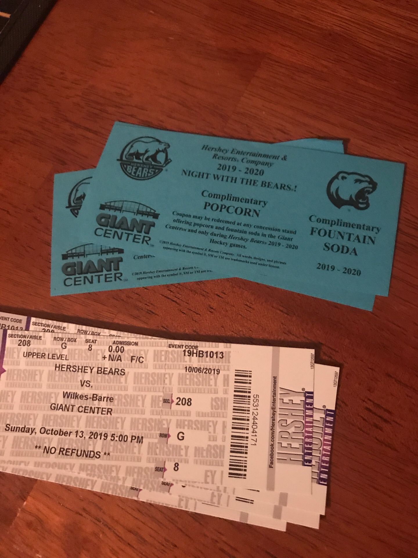 4 Hershey bears tickets/drink and popcorn coupons