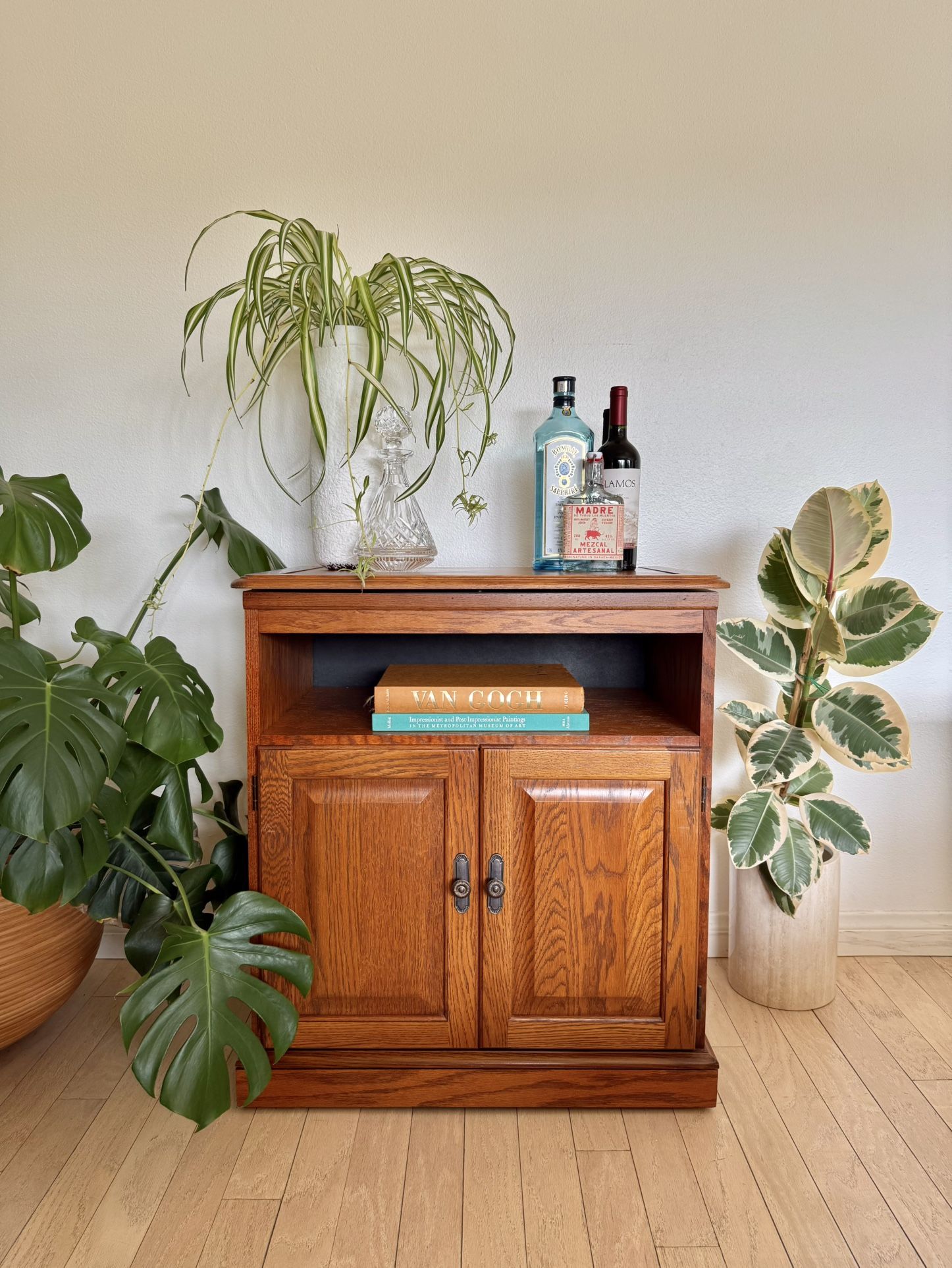 1970s Tiger Oak Bar Cart On Wheels