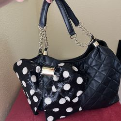 BETSEY JOHNSON Sequin Polka Dot Bow Quilted Black Chain Strap Tote Large Bag