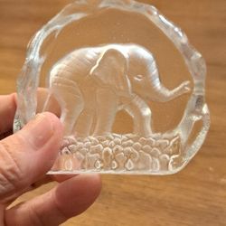 3D Elephant Art Glass Reversed Intaglio With Design Being Impressed & Etched From The Back Scalloped Edges Arc Shape Decorative Paperweight 