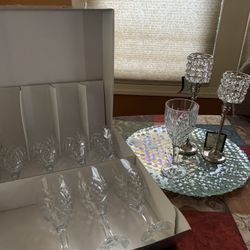 Wine Glasses Set Of 8-never Used. Plus Two Candle Holders And Plate-never Used